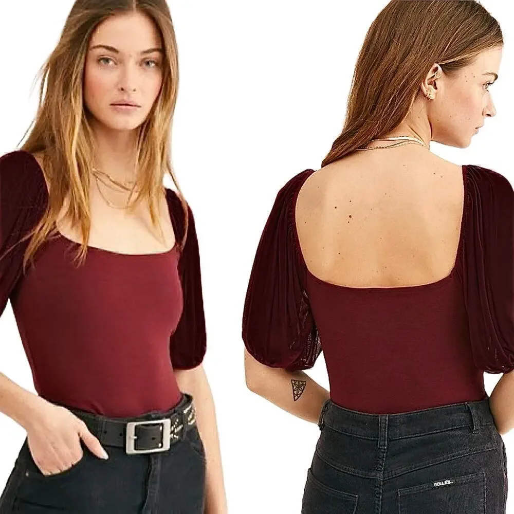 NWOT Free People x REVOLVE Mesh Puff Sleeve Ponte Square Neckline Top Medium